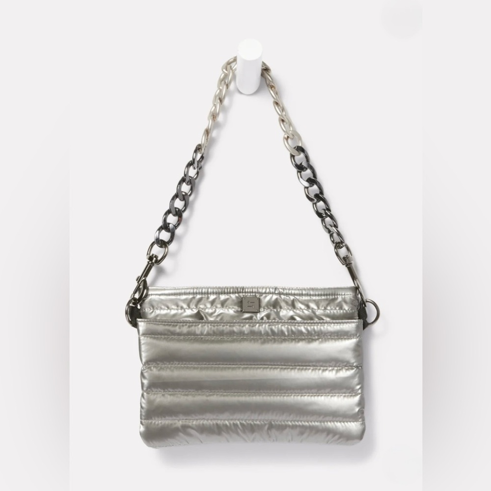 quilted silver puffy purse - think royln downtown crossbody metallic hand bag